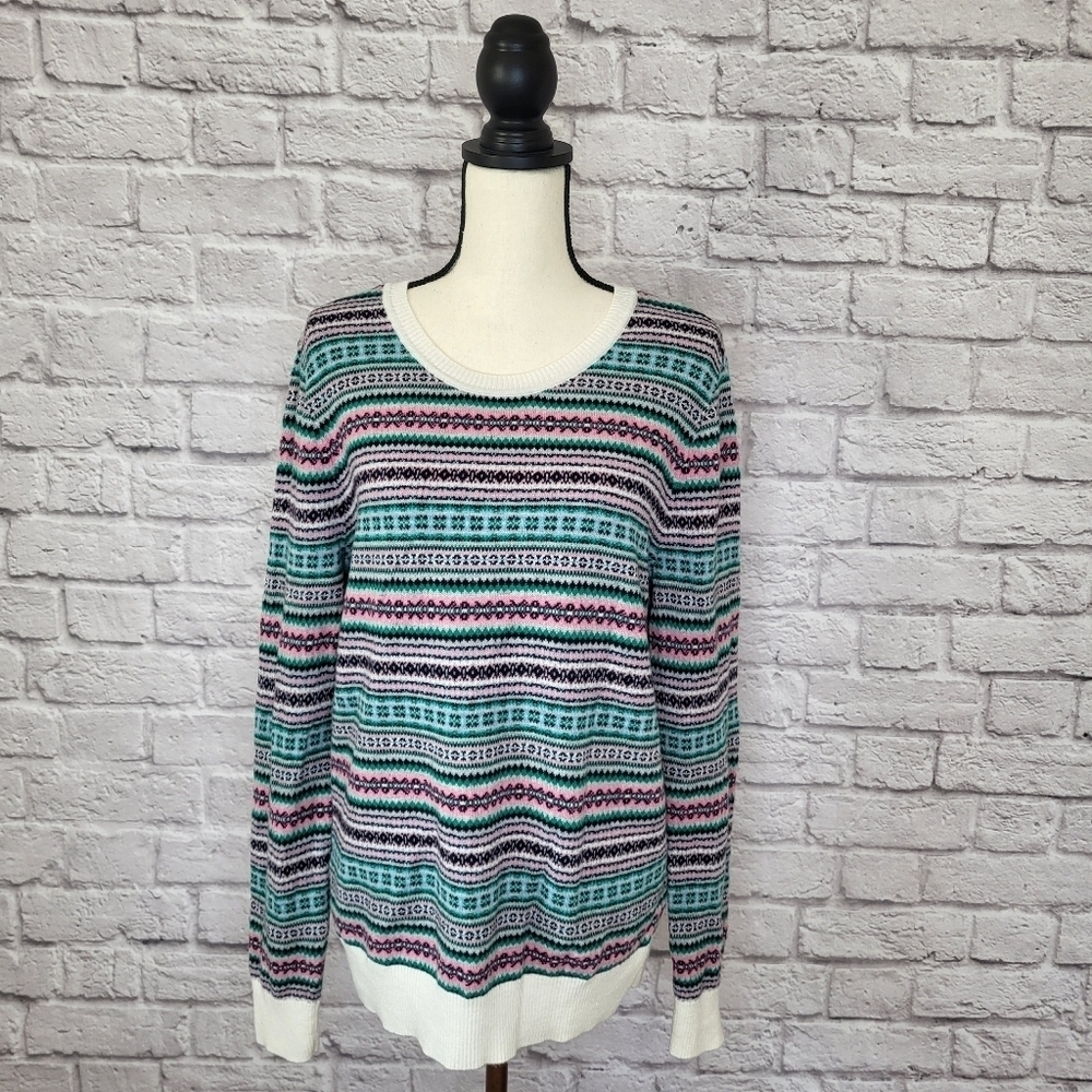 Talbots Sweater Multicolor Fair Isle Crew Neck Lambswool Blend Women's Size L - Picture 2 of 9